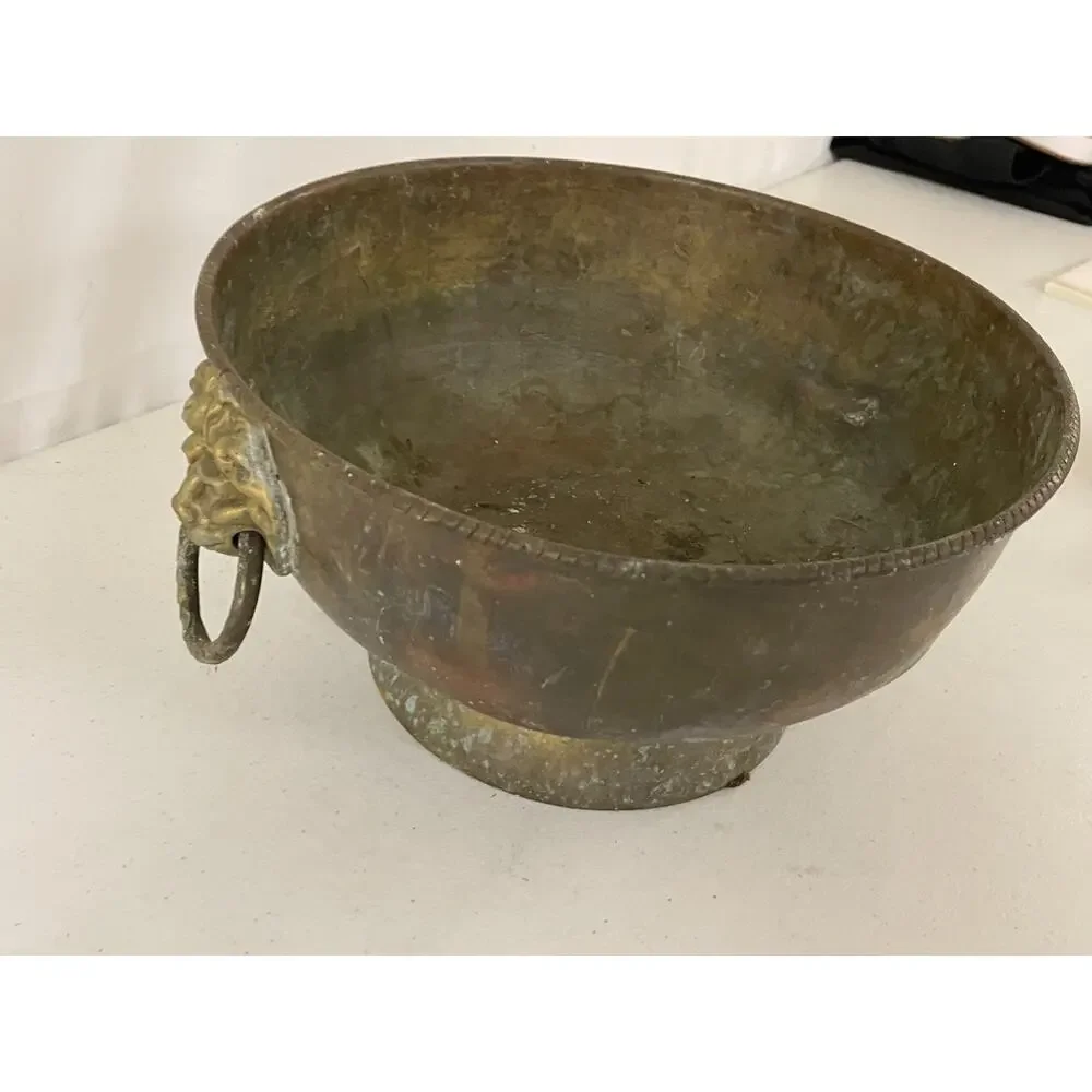 Old Antique/Vintage Middle Eastern Copper Etched Footed Bowl Lion Head Ring